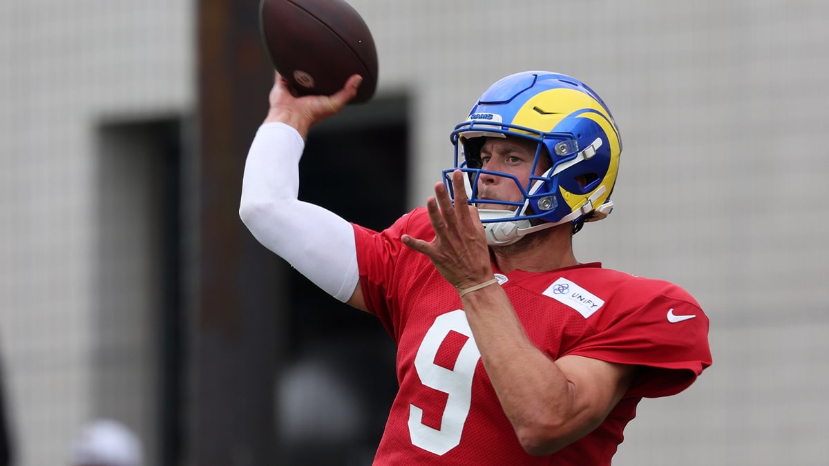 Los Angeles Rams quarterback Matthew Stafford (9) throws a ball during training camp at Loyola Marymount University.