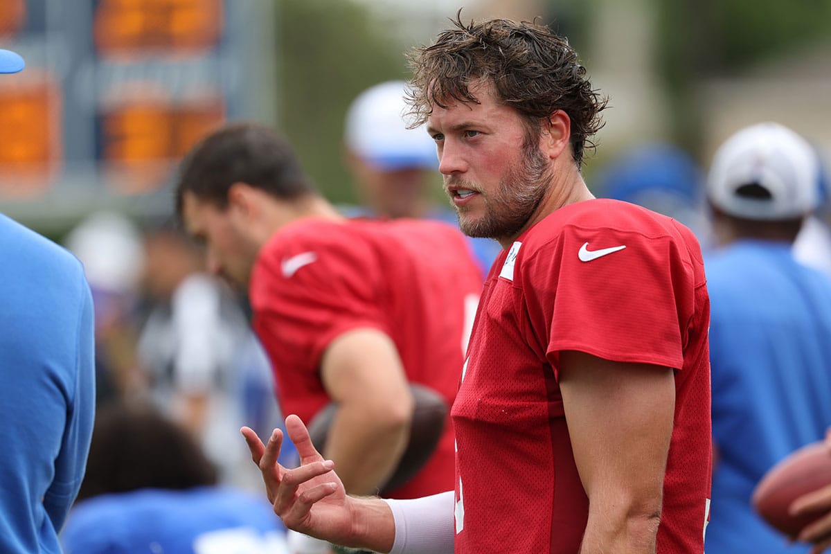 Los Angeles Rams quarterback Matthew Stafford (9) stands on a sideline during training camp at Loyola Marymount University. 
