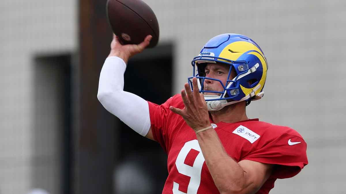 Los Angeles Rams quarterback Matthew Stafford (9) throws a ball during training camp at Loyola Marymount University.