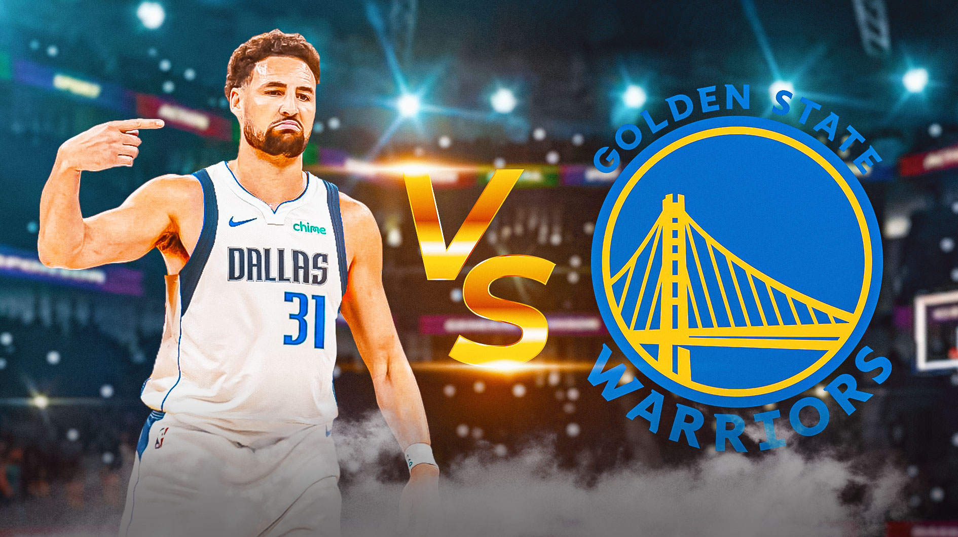 Klay Thompson in a Mavericks uniform versus the Golden State Warriors logo