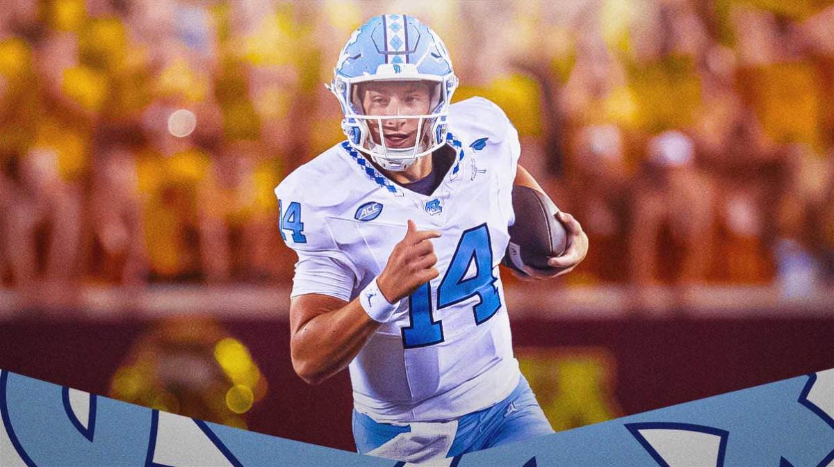 North Carolina Tar Heels logo on left side, North Carolina Tar Heels quarterback Max Johnson on right side, Huntingdon Bank Stadium (home of the University of Minnesota Golden Gophers football team) in background