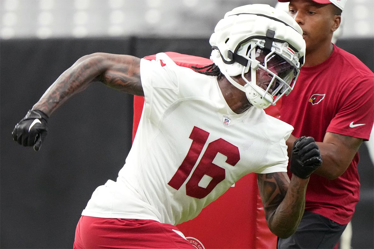 Arizona Cardinals cornerback Max Melton (16) practices during the team's training camp session at State Farm Stadium in Glendale on July 24, 2024.