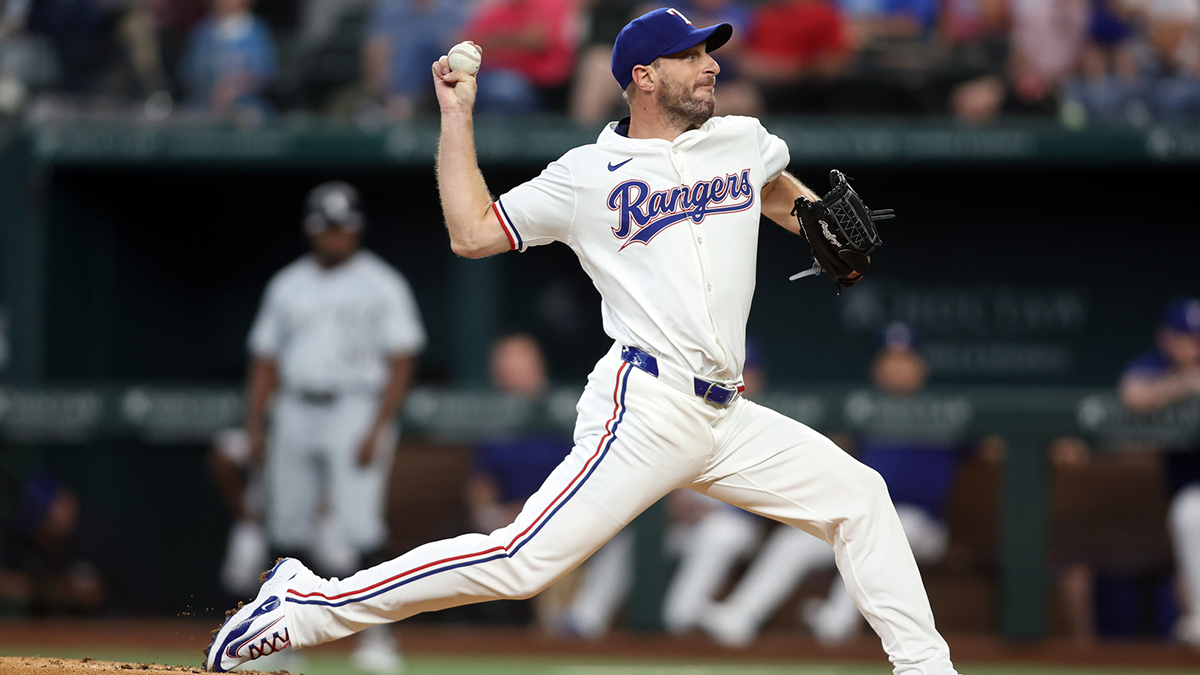 Texas Rangers pitcher Max Scherzer (31) strikes out Chicago White Sox designated hitter Eloy Jimenez (not pictured) to become 10th on the all-time strike out list in the second inning at Globe Life Field.