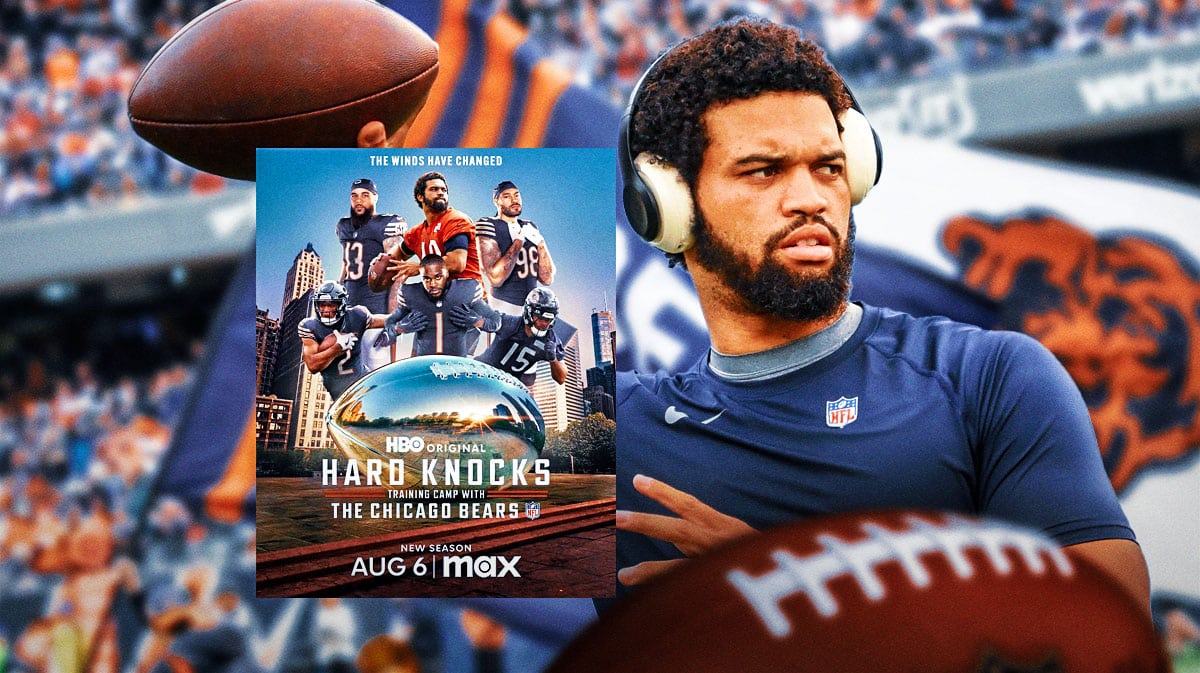 Hard Knocks: Training Camp with Chicago Bears Max series poster with quarterback Caleb Williams and Soldier Field background.