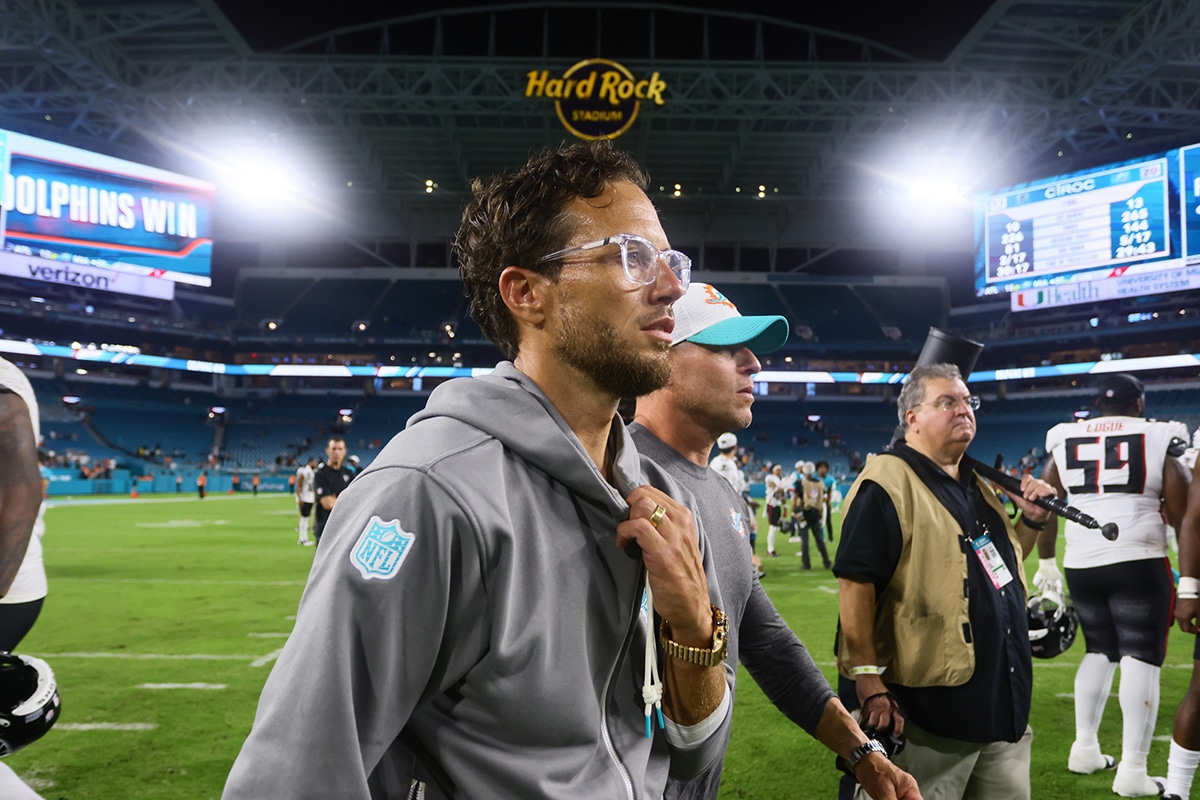 Miami Dolphins head coach Mike McDaniel looks on after the game against the Atlanta Falcons at Hard Rock Stadium.