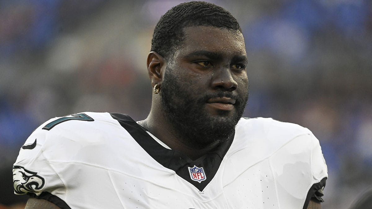 Philadelphia Eagles offensive tackle Mekhi Becton (77) stands on the sidelines during the first half of a preseason game against the Baltimore Ravens at M&T Bank Stadium.