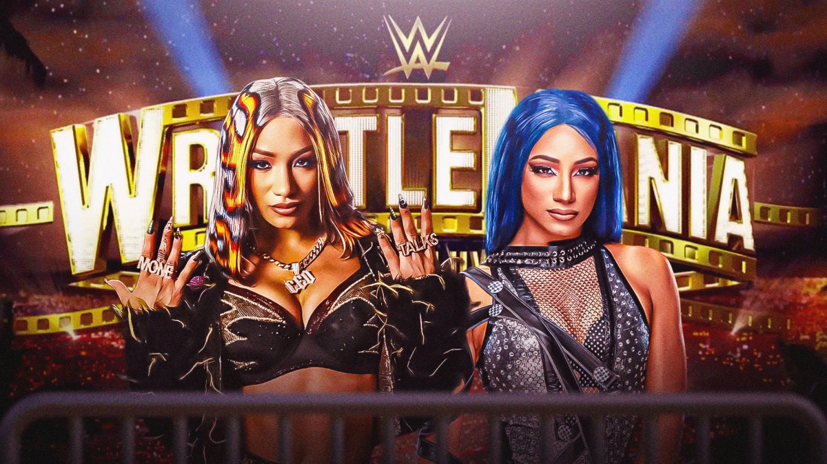 Mercedes Mone next to Sasha Banks in front of the WrestleMania 39 logo.