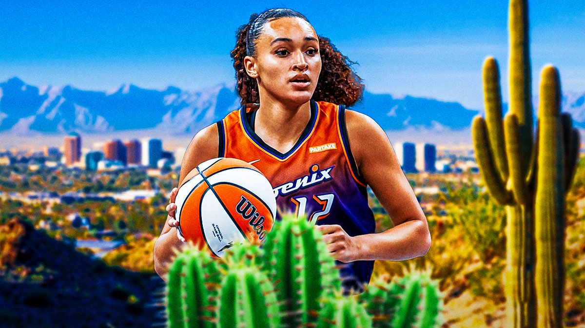 Celeste Taylor in a 2024 Phoenix Mercury jersey. Make the background a desert in Phoenix, Arizona.