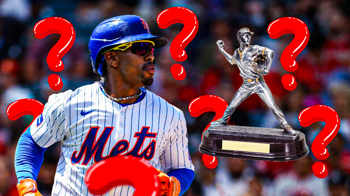 Mets Francisco Lindor standing next to the MLB MVP trophy with question mark emojis around him