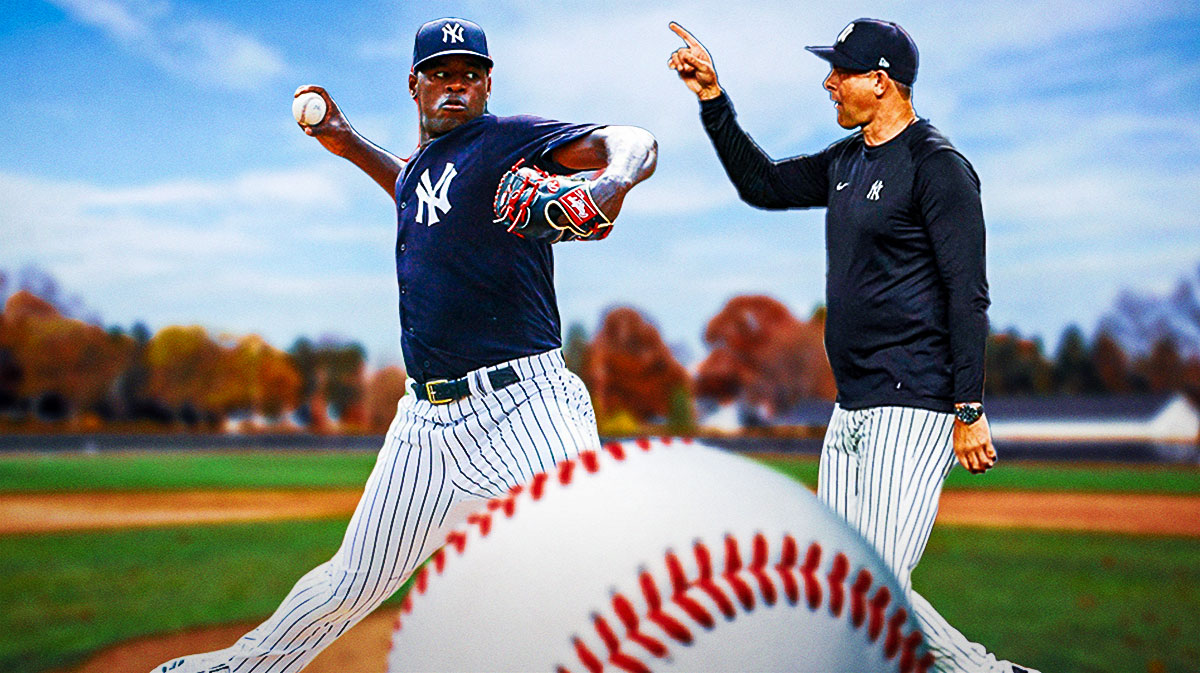 New York Mets starting pitcher Luis Severino focused on the mound of a baseball diamond with Yankees coaches next to him yelling
