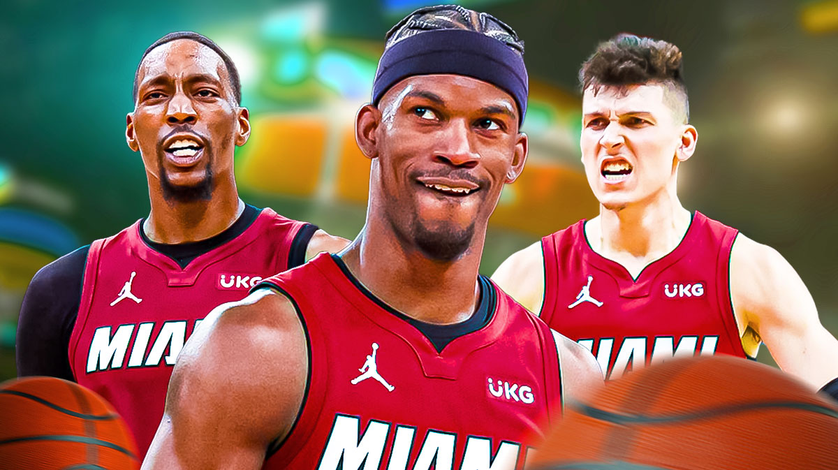 Miami Heat stars Jimmy Butler, Bam Adebayo, and Tyler Herro in front of Kaseya Center.