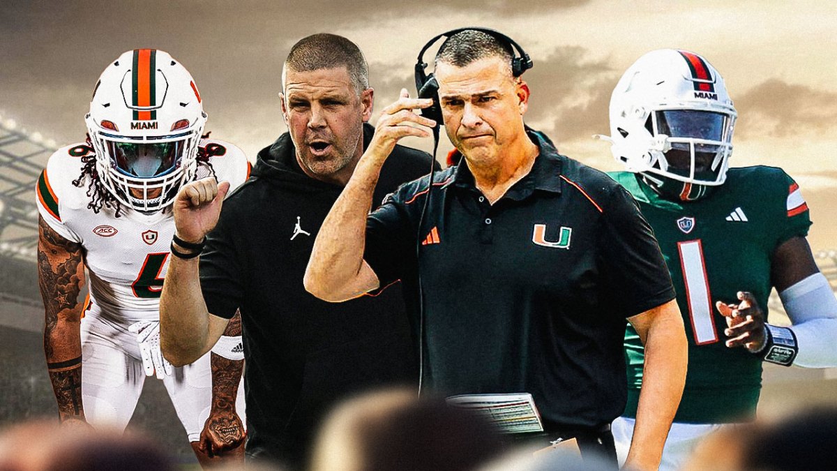 Miami head coach Mario Cristobal against Florida Gators Billy Napier with Miami players Cam Ward, Damien Martinez in background behind them