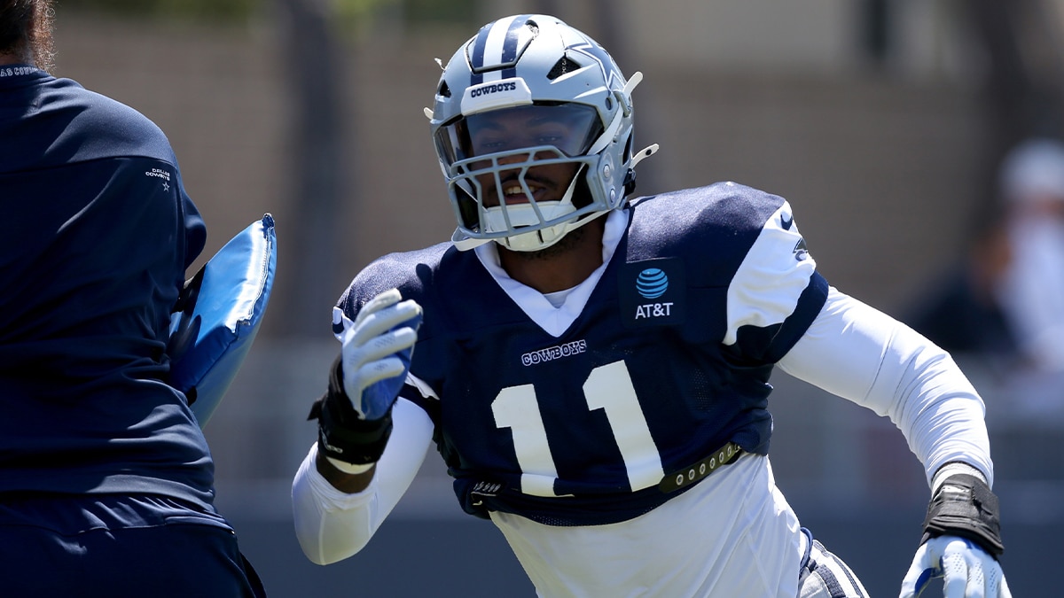 Dallas Cowboys linebacker Micah Parsons (11) runs a drill during training camp at the River Ridge Playing Fields in Oxnard, California.