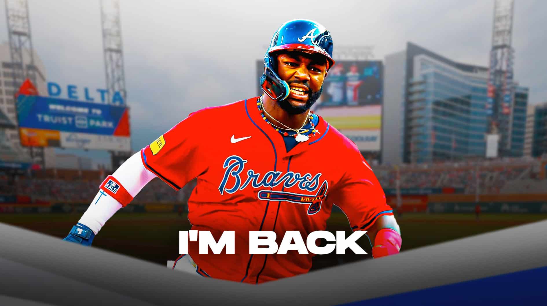 Braves' Michael Harris II smiling, with caption below: I'M BACK