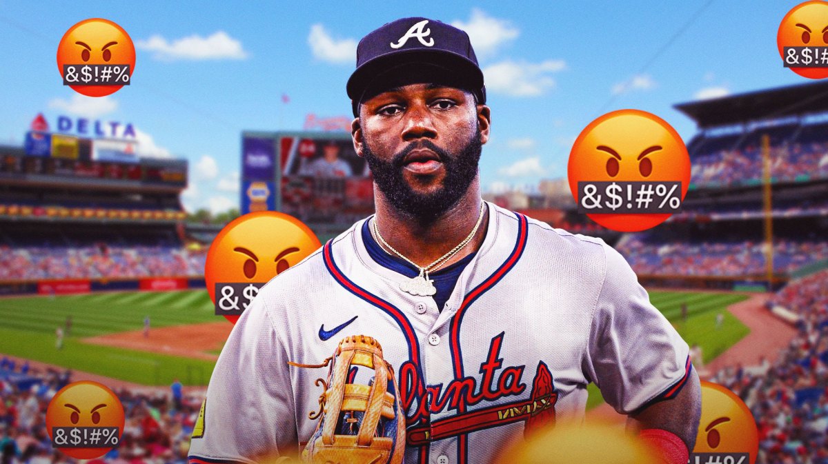 Michael Harris (Braves) in foreground with angry emojis behind him. Truist Park is the background