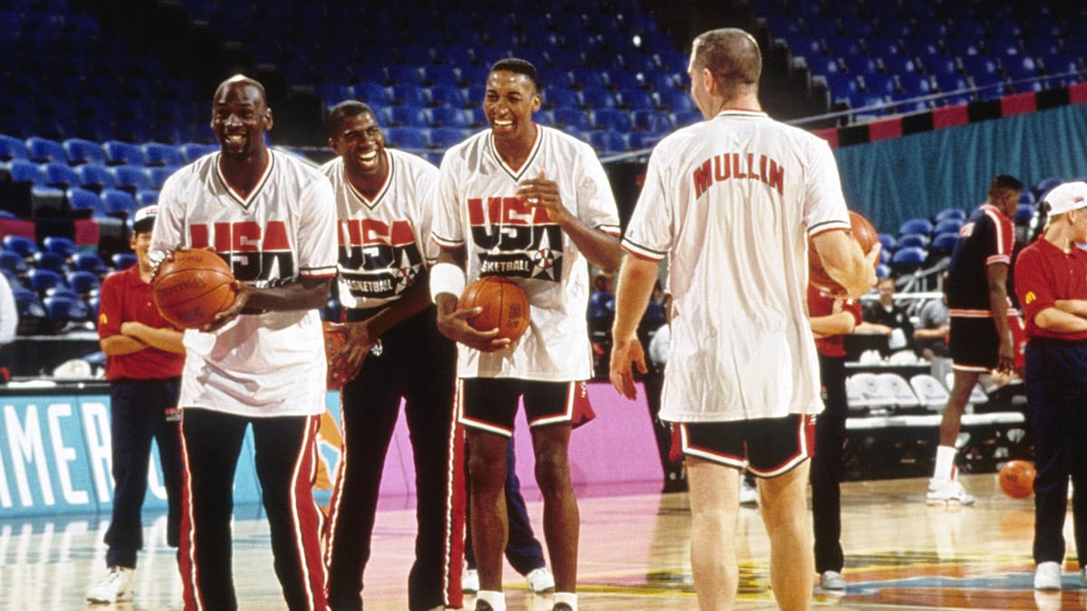 Jul 3, 1992; Portland, OR, USA: FILE PHOTO; USA dream team guard Michael Jordan - Michael Jordan - Scottie Pippen and Chris Mullin prior to the game against Puerto Rico during the 1992 Tournament of the Americas at Memorial Coliseum. 