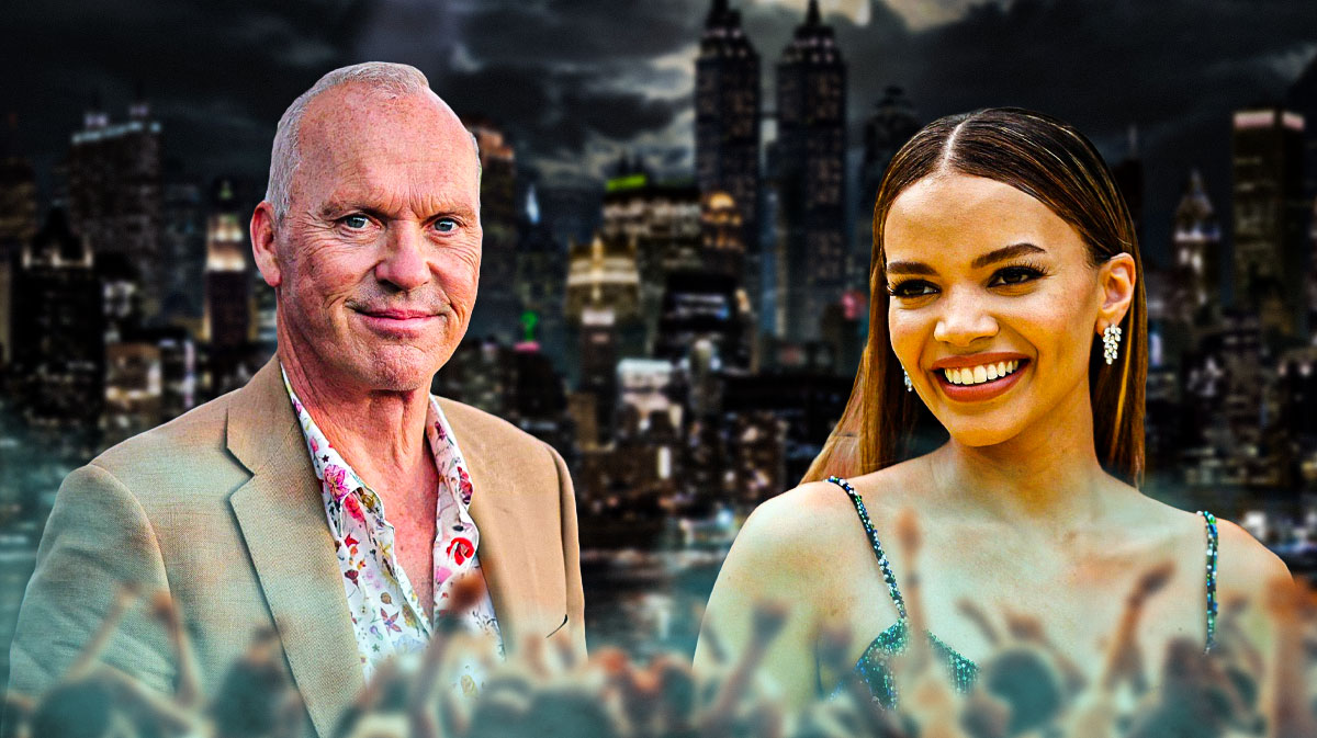Batman actor Michael Keaton with Batgirl star Leslie Grace with Gotham City from DC background.