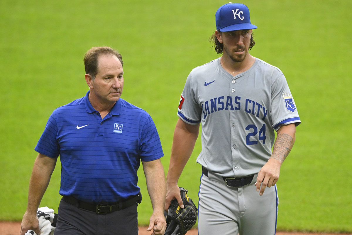 Kansas City Royals starting pitcher Michael Lorenzen (24) walks off the field with an apparent injury in the second inning against the Cleveland Guardians at Progressive Field.