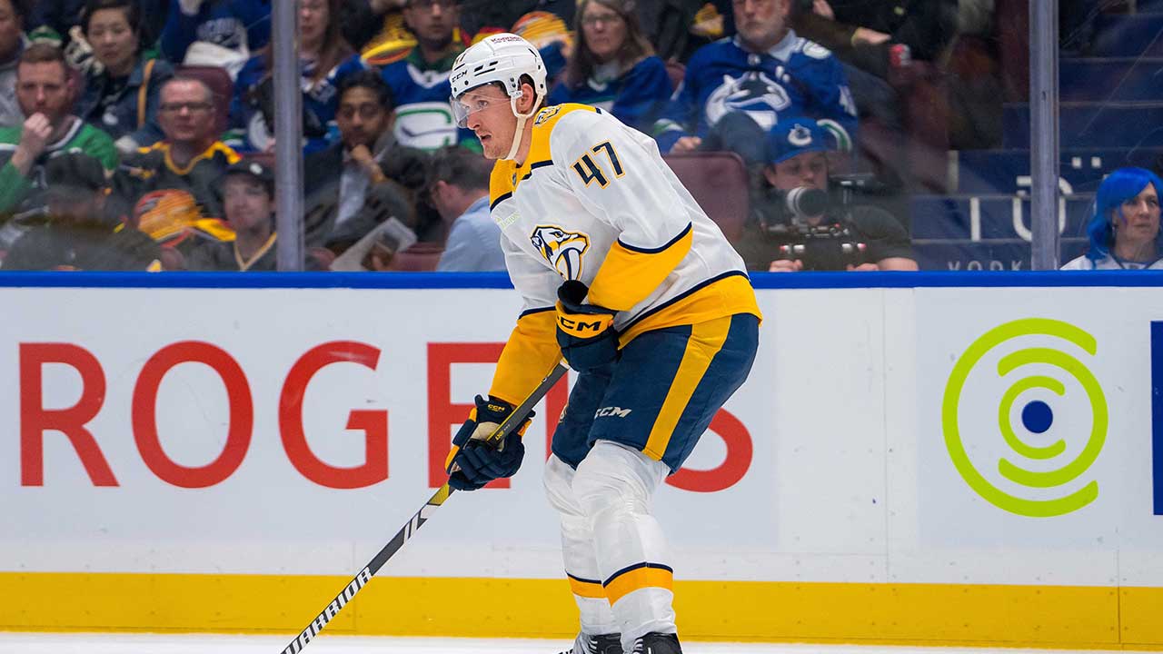 Nashville Predators forward Michael McCarron (47) handles the puck against the Vancouver Canucks during the second period in game two of the first round of the 2024 Stanley Cup Playoffs at Rogers Arena.