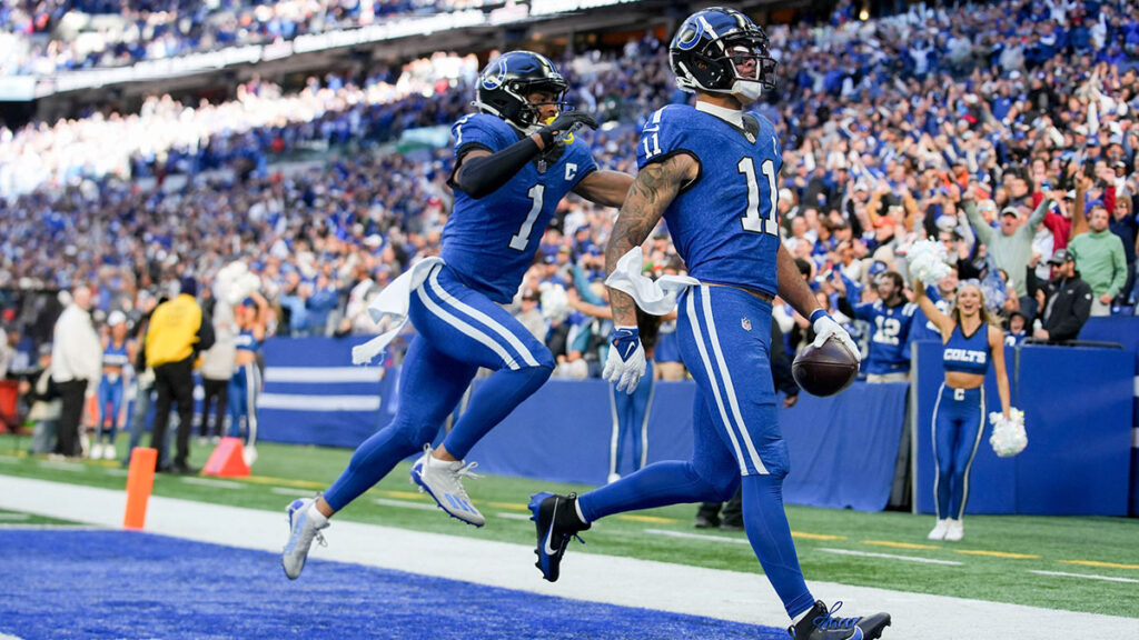 Indianapolis Colts wide receiver Josh Downs (1) celebrates with Indianapolis Colts wide receiver Michael Pittman Jr. (11) as he runs into the end zone Sunday, Oct. 22, 2023, during a game against the Cleveland Browns at Lucas Oil Stadium in Indianapolis.