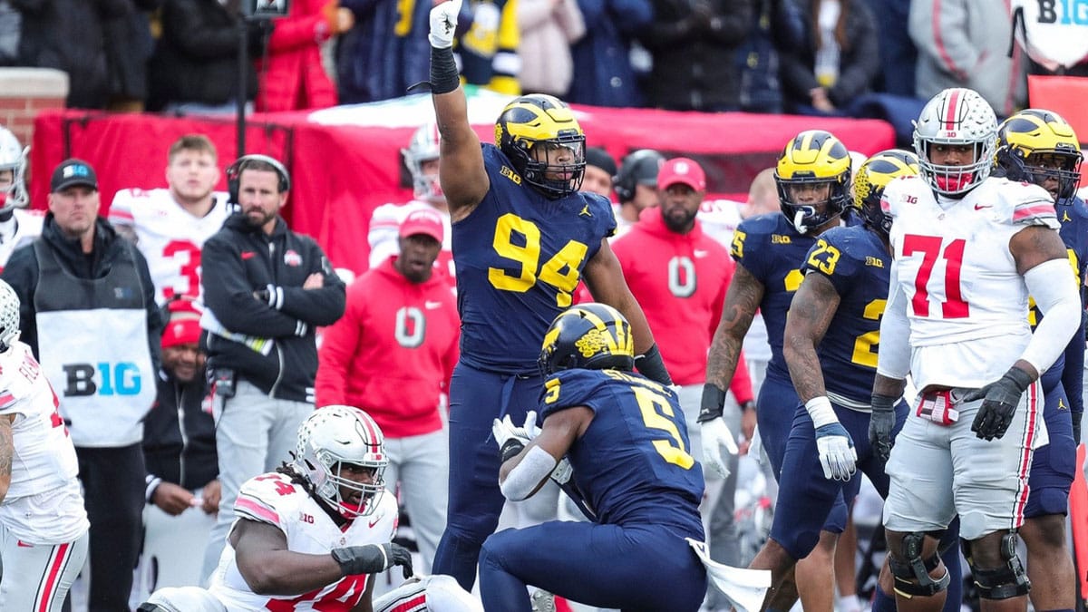 Michigan defensive lineman Kris Jenkins (94) celebrates a tackle against Ohio State during the Wolverines 30-24 win 