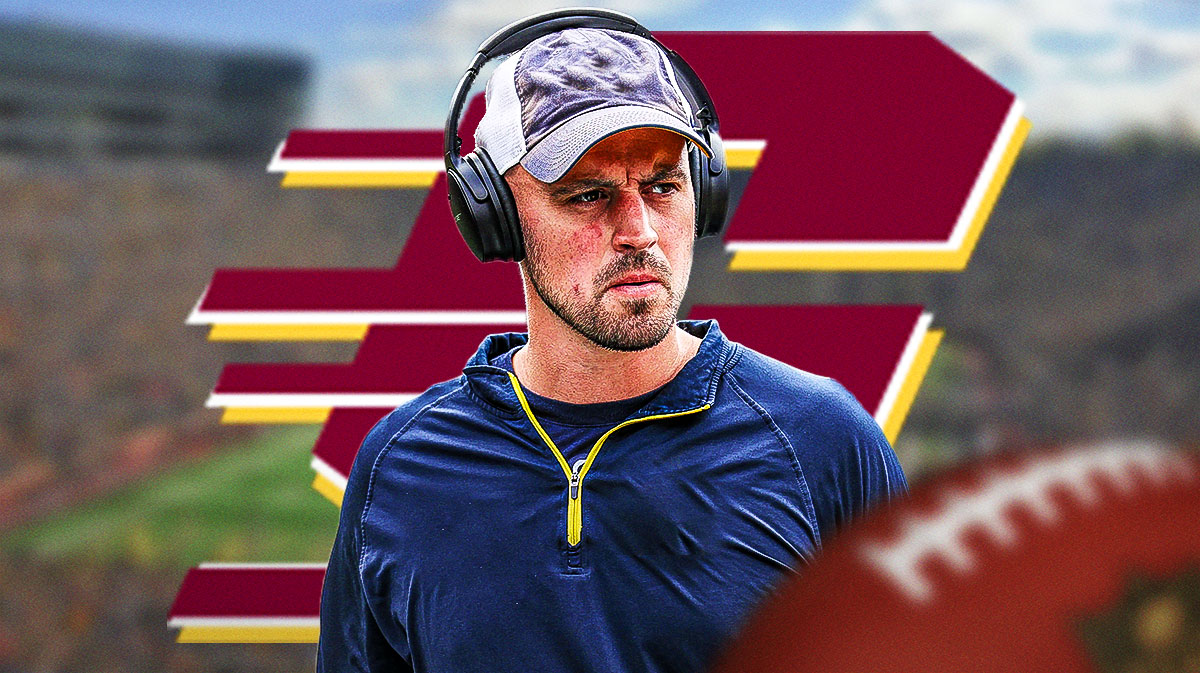 Connor Stalions, Michigan football, Wolverines, Connor Stalions documentary, Connor Stalions Central Michigan, Connor Stalions in Central Michigan gear (you can find the photo of him on the CMU sidelines and use that), Central Michigan logo on graphic, Michigan football stadium in the background