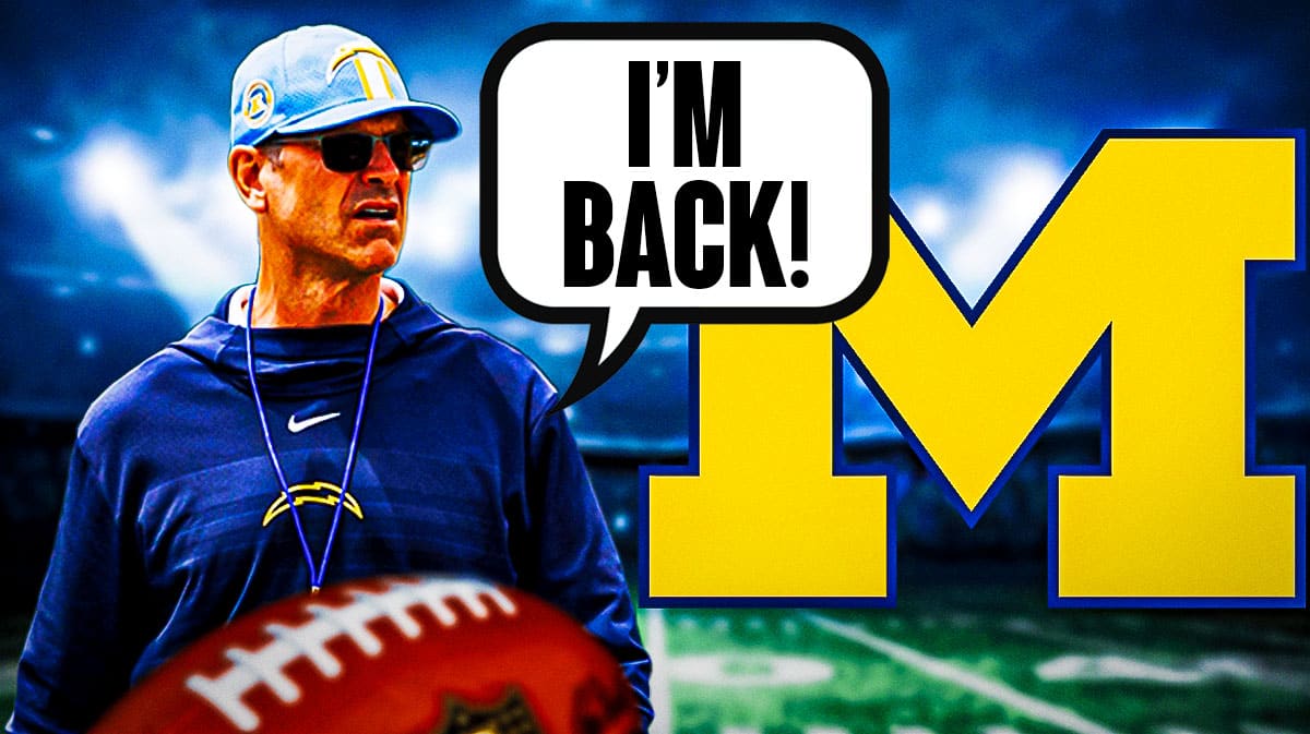 Los Angeles Chargers head coach Jim Harbaugh with a speech bubble that says “I’m back!” next to a logo for the University of Michigan.