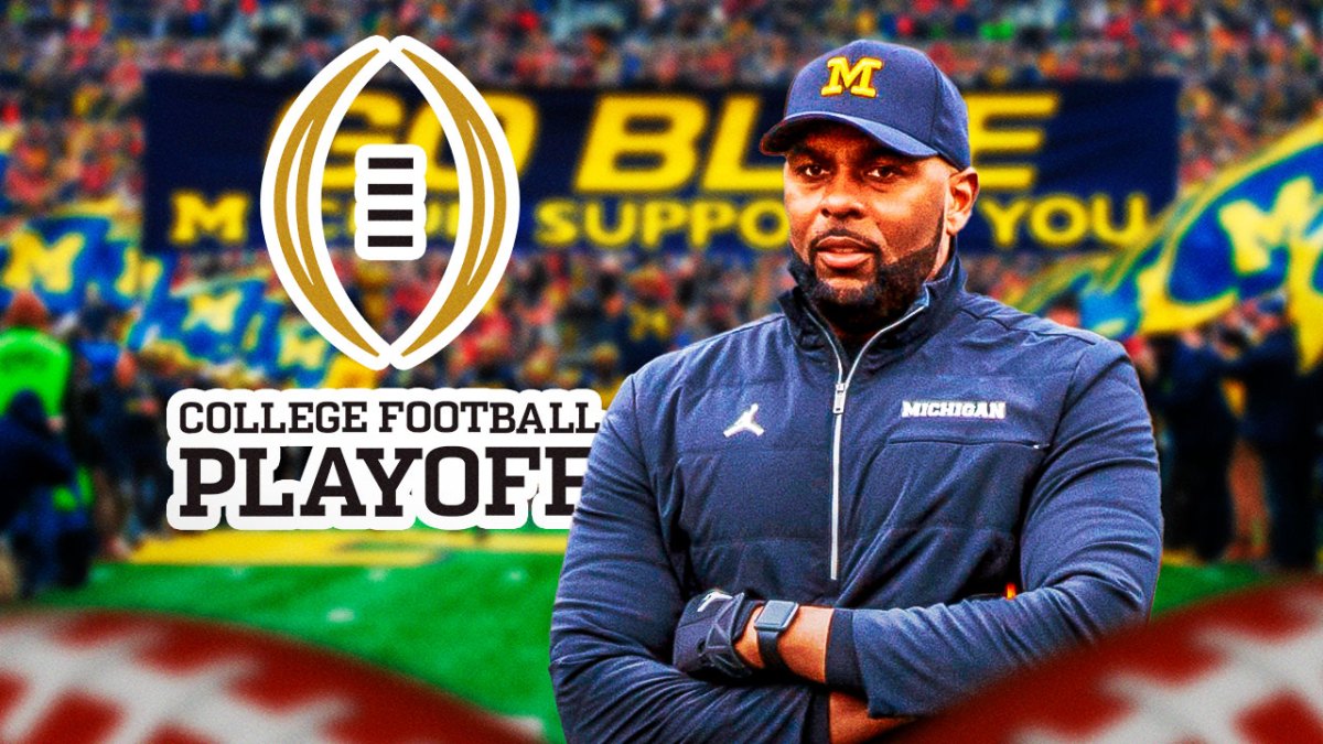 Michigan football, Wolverines, Joel Klatt, Michigan CFP, College Football Playoff, Sherrone Moore in Michigan gear with College Football Playoff logo, Michigan football stadium in the background