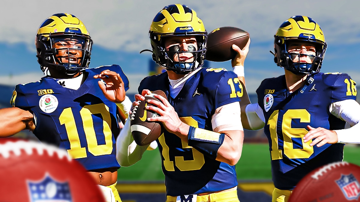 Michigan football, Wolverines, Alex Orji, Davis Warren, Jack Tuttle, Alex Orji, Davis Warren and Jack Tuttle all in Michigan unis with Michigan football stadium in the background