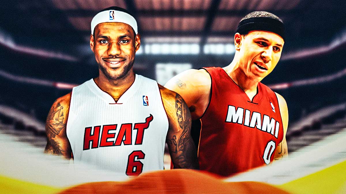 Mike Bibby in a Heat jersey, and LeBron James in a Heat jersey.