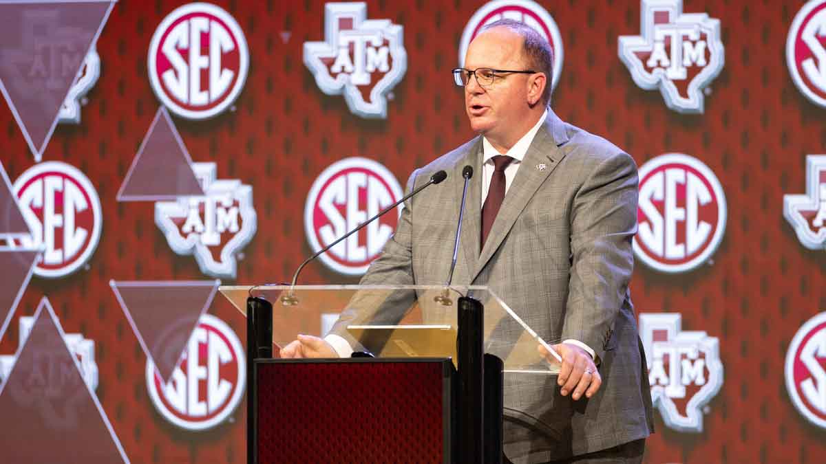 Jul 18, 2024; Dallas, TX, USA; Texas A&M head coach Mike Elko speaking at Omni Dallas Hotel.