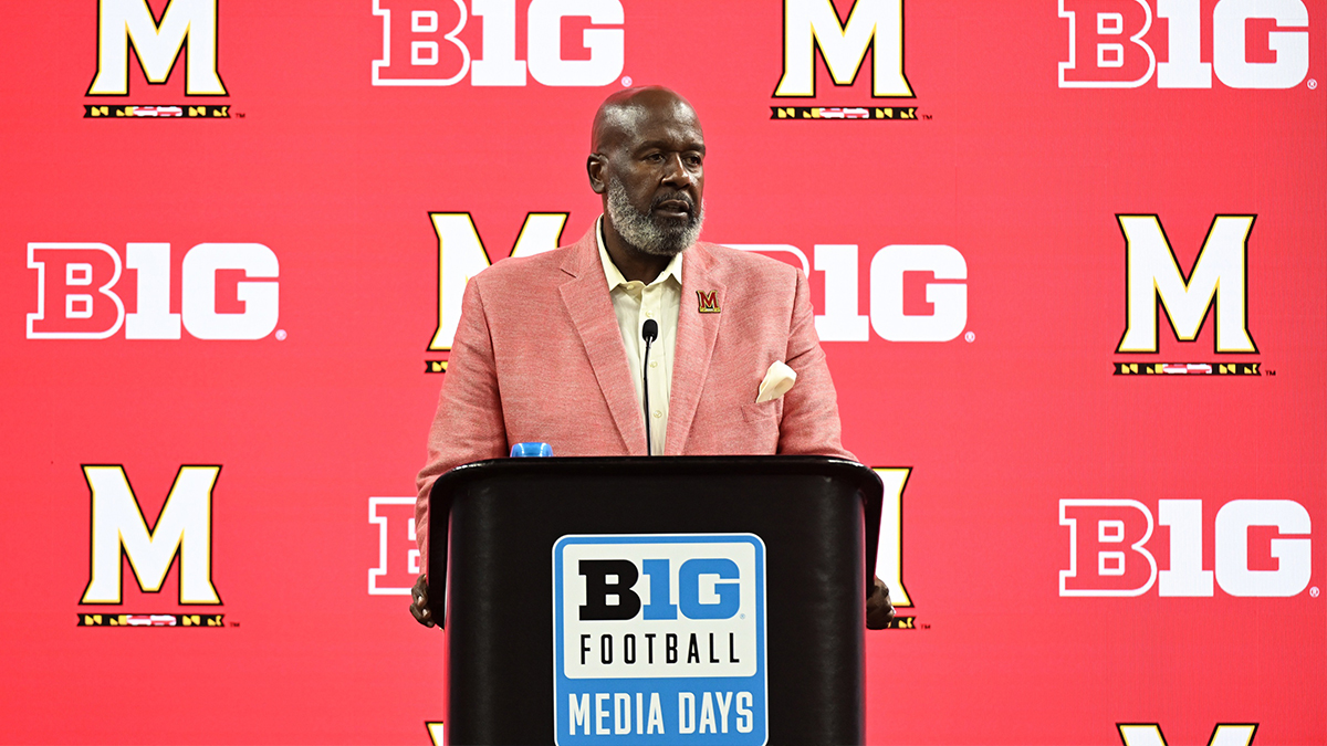 Maryland Terrapins head coach Mike Locksley speaks to the media during the Big 10 football media day at Lucas Oil Stadium.