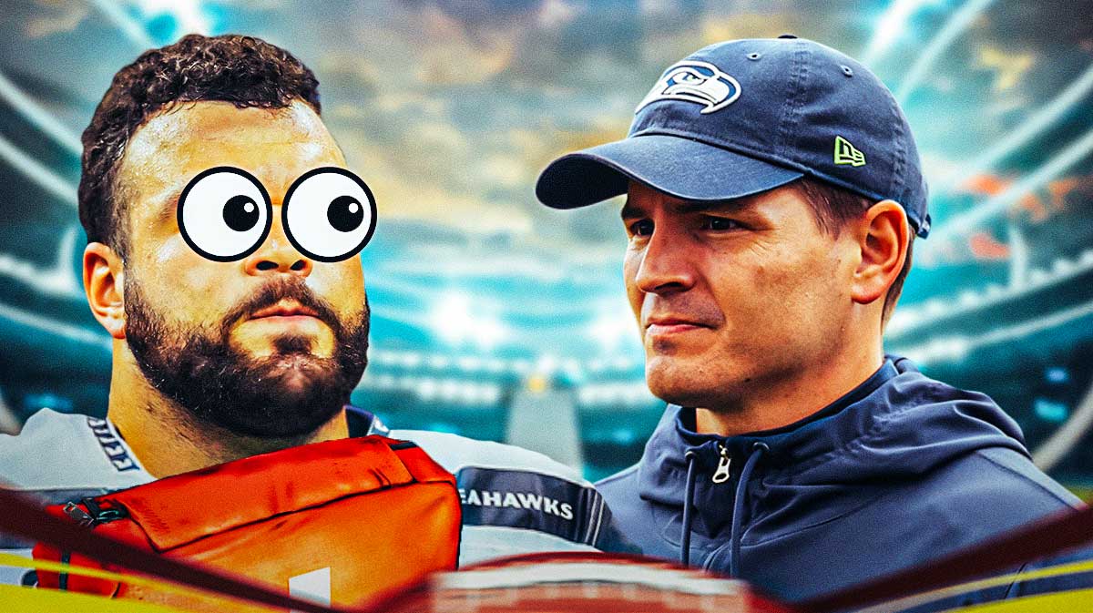 Mike Macdonald on one side, Connor Williams (in a Seattle Seahawks uniform if he isn't already) on the other side with an injury kit in front of him and the big eyes emoji over his face