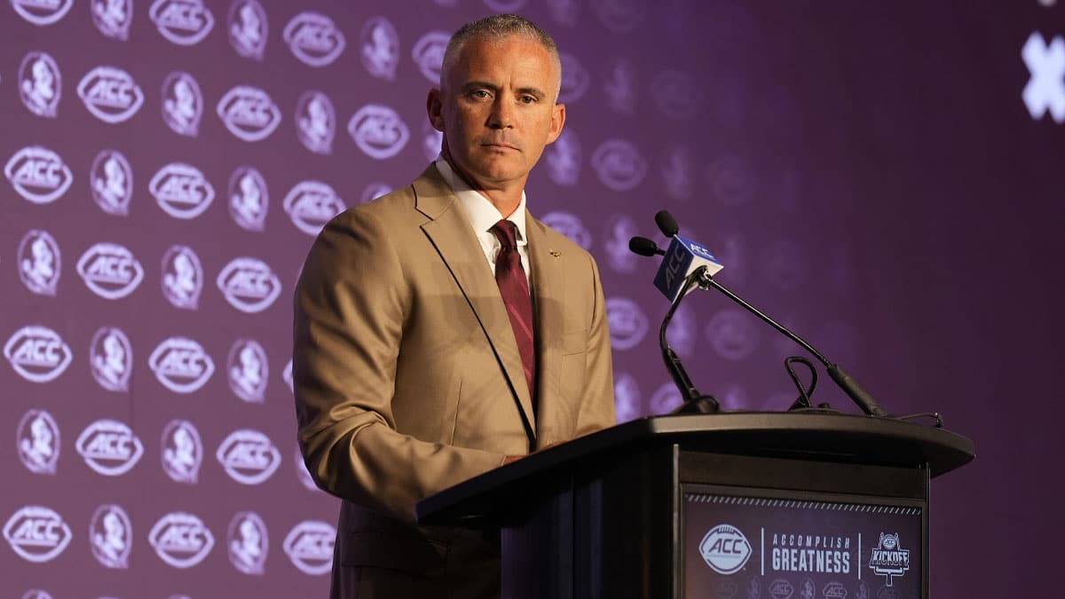  Florida State head coach Mike Norvell speaks to the media during ACC Kickoff at Hilton Charlotte Uptown.