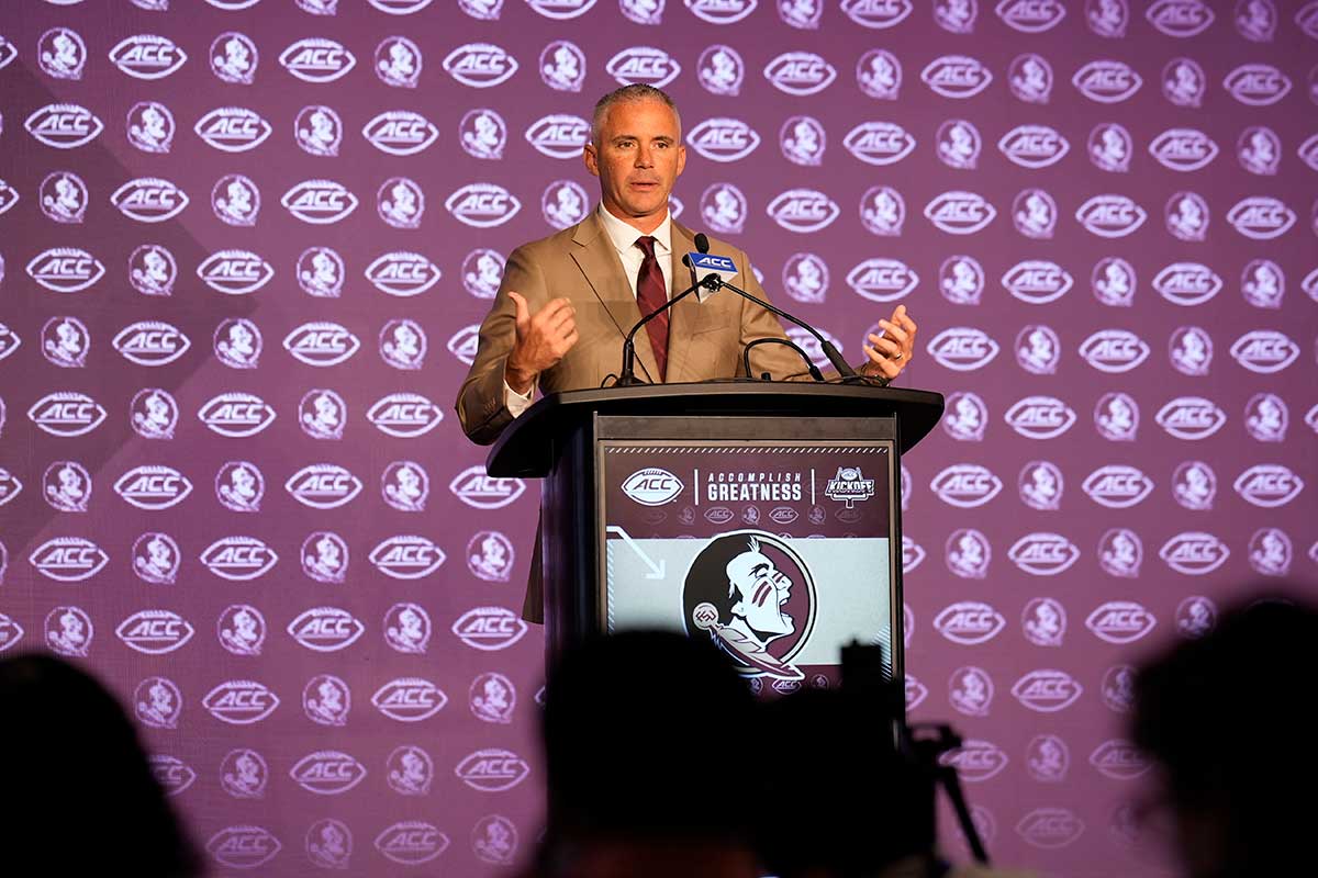 Florida State head coach Mike Norvell speaks to the media during ACC Kickoff at Hilton Charlotte Uptown.