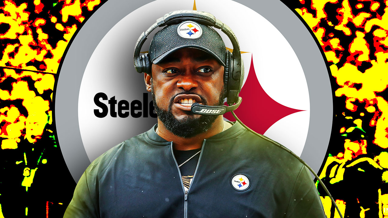 Mike Tomlin with Steelers logo behind him