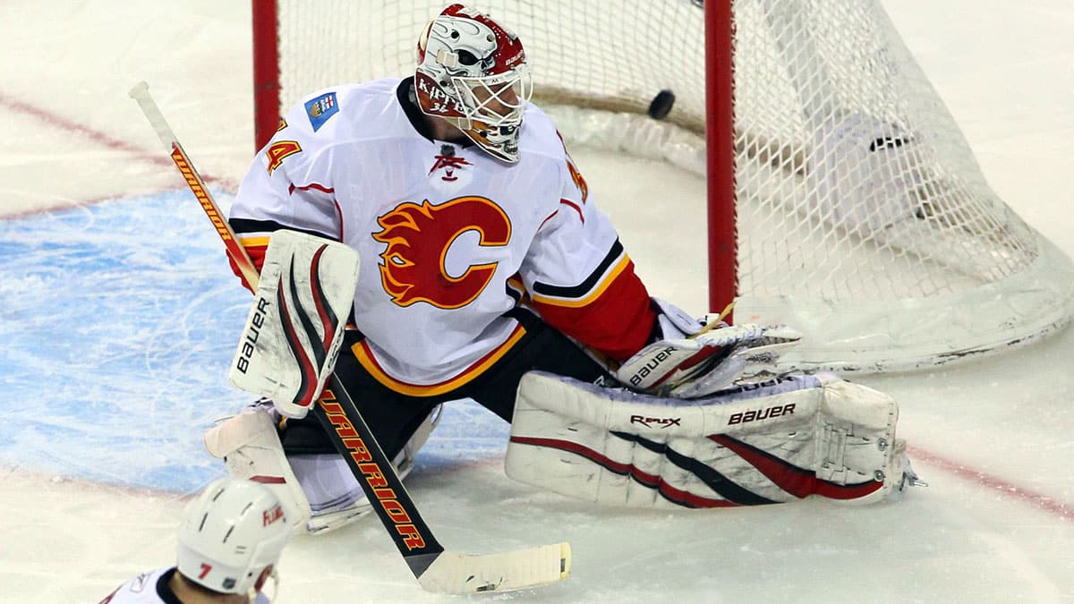 Montreal Canadiens player Andrei Kostitsyn (not pictured) scored a goal against Calgary Flames goalie Mikka Kiprussof during the second period at the Bell Center.