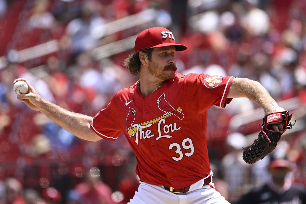 St. Louis Cardinals starting pitcher Miles Mikolas (39) throws against the Washington Nationals during the first inning at Busch Stadium.