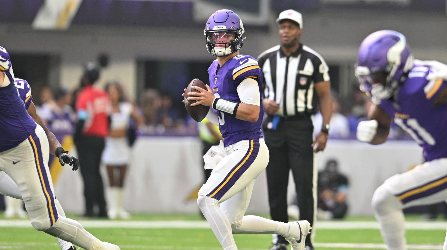 Minnesota Vikings quarterback J.J. McCarthy (9) looks to pass during the second quarter against the Las Vegas Raiders at U.S. Bank Stadium. TODAY Sports