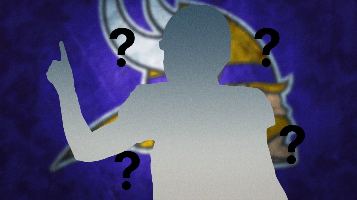 A silhouette of an American football player with a big question mark emoji inside. There is also a logo for the Minnesota Vikings.