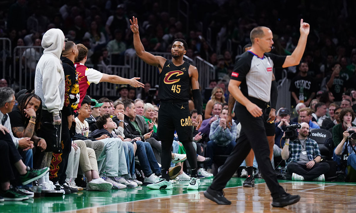 Cleveland Cavaliers guard Donovan Mitchell (45) reacts after his three point basket against the Boston Celtics in the second half during game two of the second round for the 2024 NBA playoffs at TD Garden. 