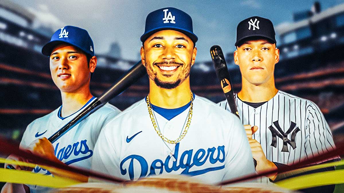 Mookie Betts in a Los Angeles Dodgers uniform with a cut out of Shohei Ohtani batting in a Los Angeles Dodgers uniform and a cutout of Aaron Judge batting in a New York Yankees uniform underneath it as the Yankees and Dodgers players are having incredible seasons.