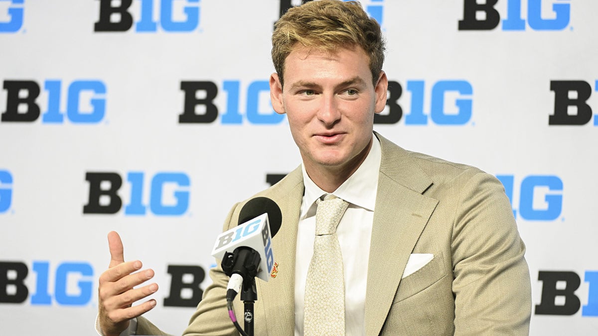 USC Trojans quarterback Miller Moss speaks to the media during the Big 10 football media day at Lucas Oil Stadium.