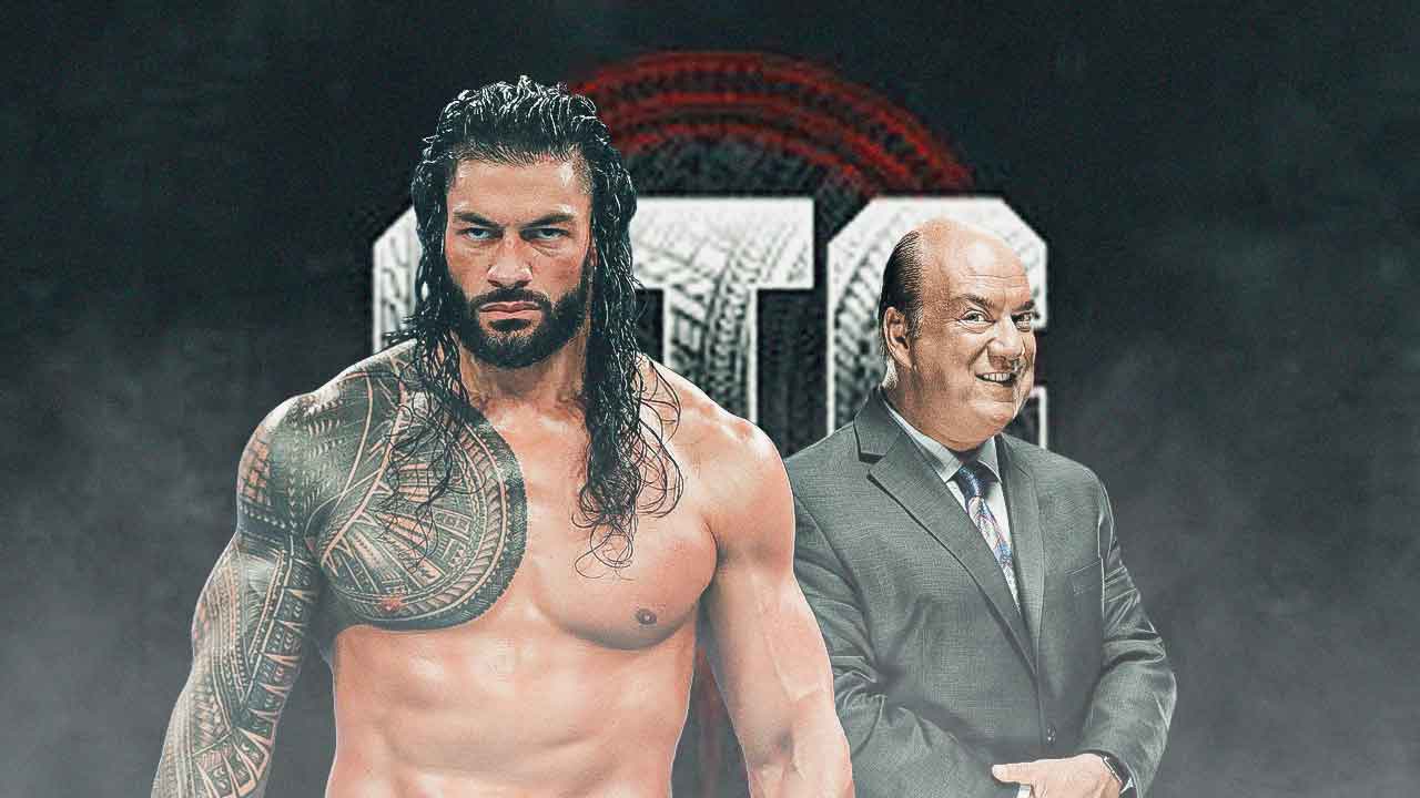 Roman Reigns and Paul Heyman in front of the attached graphic.