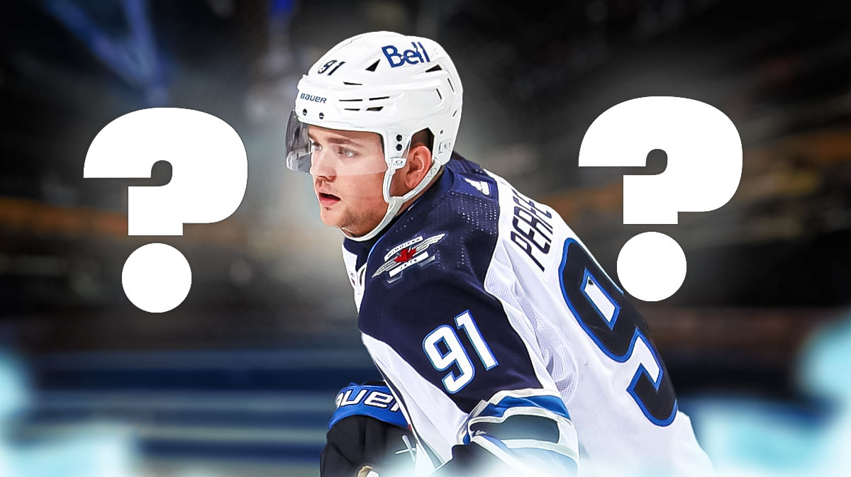 Winnipeg Jets center Cole Perfetti in middle, question marks on both left and right sides, Canada Life Centre (home arena of the Winnipeg Jets ) in background