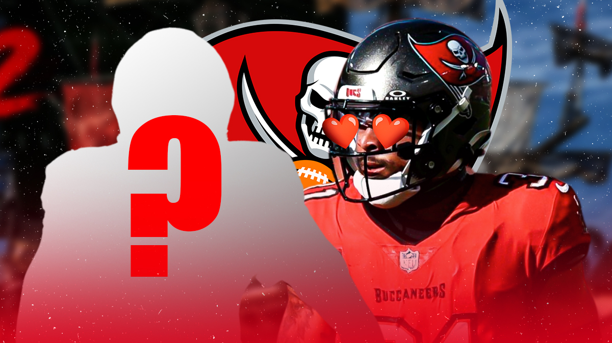 Tampa Bay Buccaneers safety Antoine Winfield Jr. with heart emojis over his eyes. He is next to a silhouette of an American football player with a big question mark emoji inside. There is also a logo for the Tampa Bay Buccaneers.