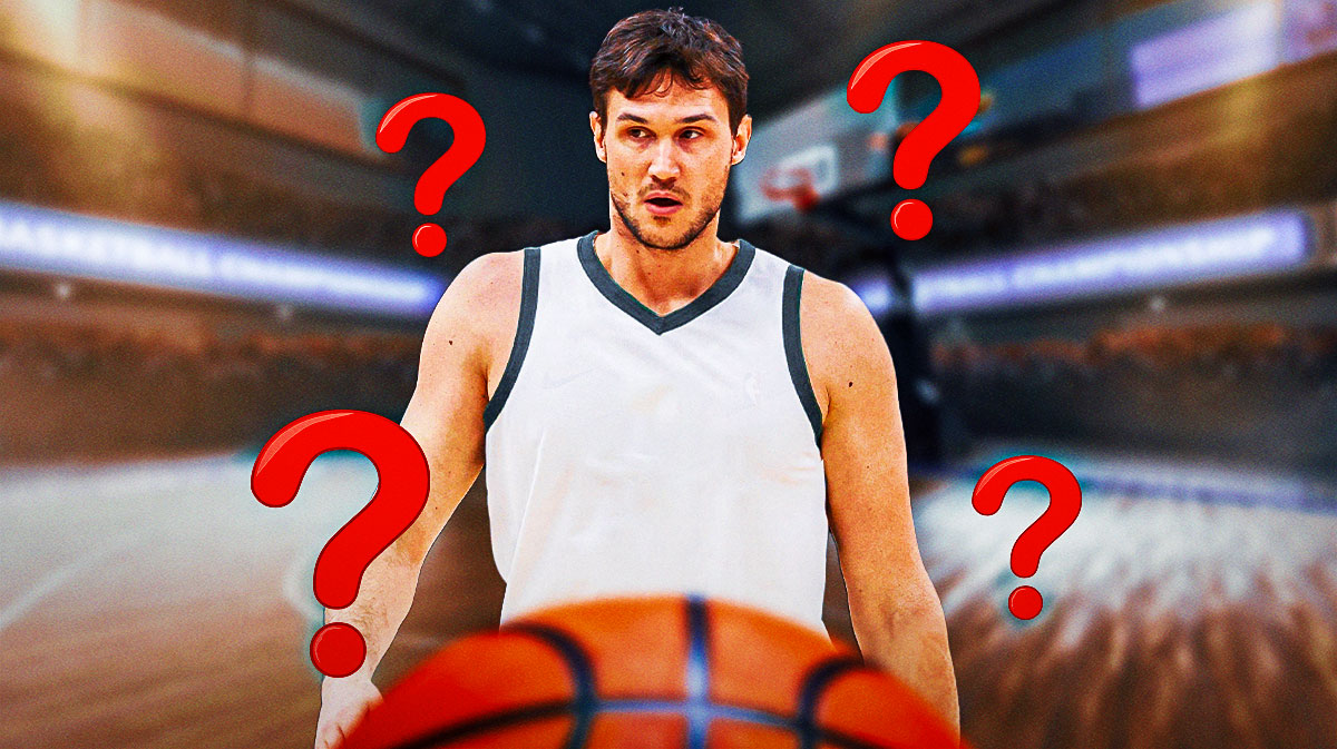 Danilo Gallinari in a blank uniform with a bunch of question marks in the background. NBA free agency