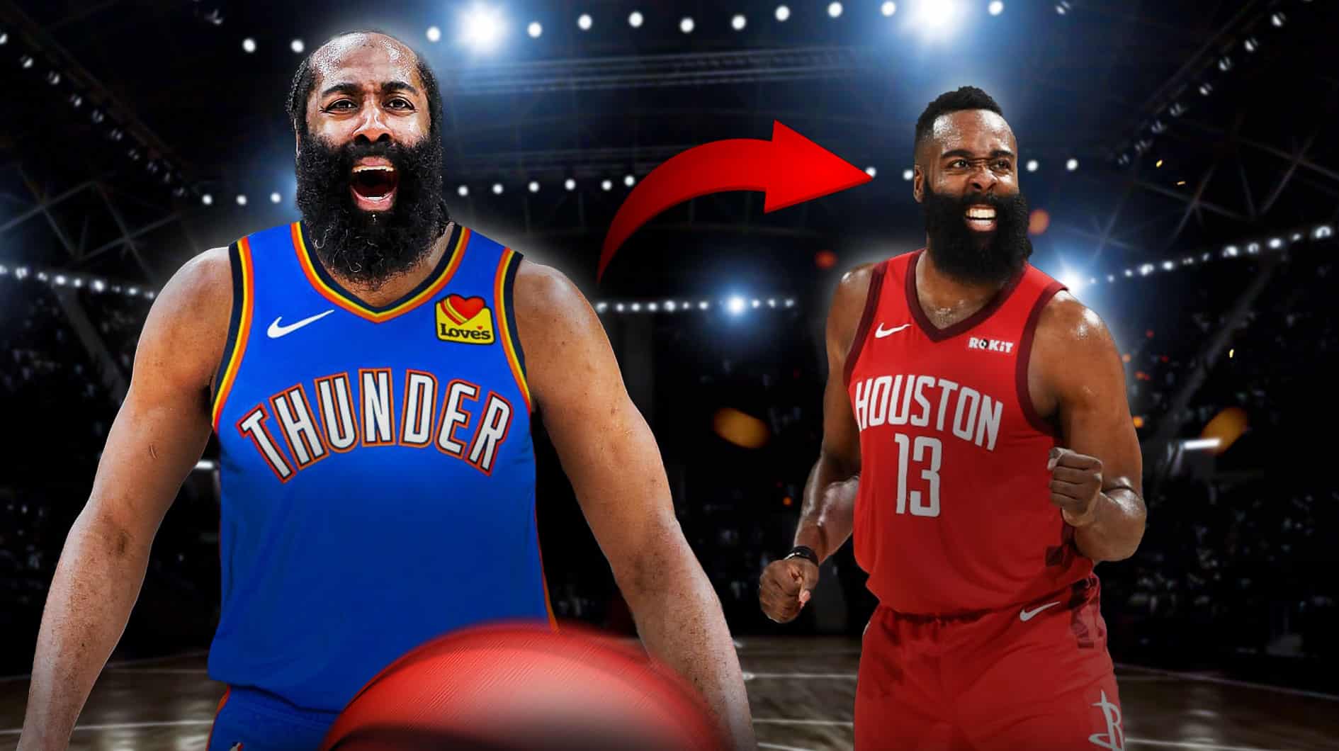 James Harden wearing OKC uniform looking upset with an arrow in between pointing at James Harden wearing Houston Rockets uniform looking hyped.