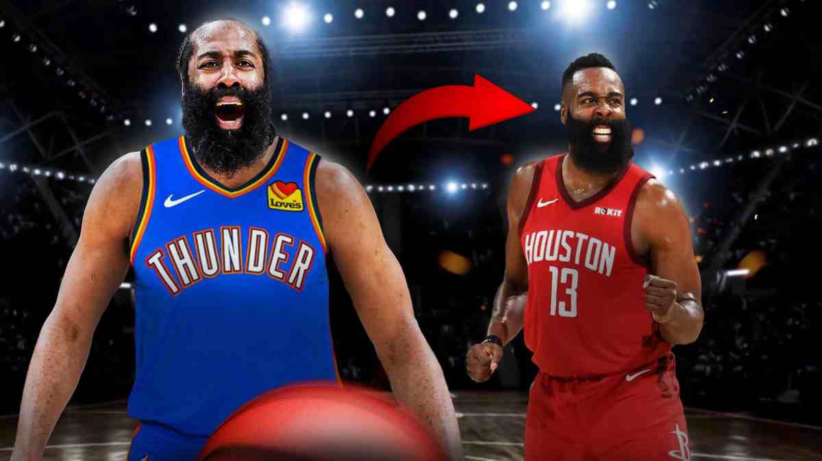 James Harden wearing OKC uniform looking upset with an arrow in between pointing at James Harden wearing Houston Rockets uniform looking hyped.