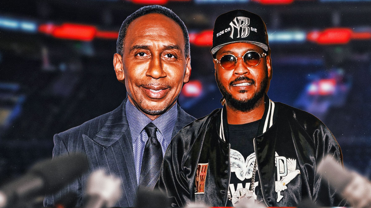 Stephen A. Smith, Carmelo Anthony, Carmelo Anthony Stephen A. Smith, Olympics, Carmelo Anthony Olympics, Stephen A Smith and Carmelo Anthony with NBA setting in the background